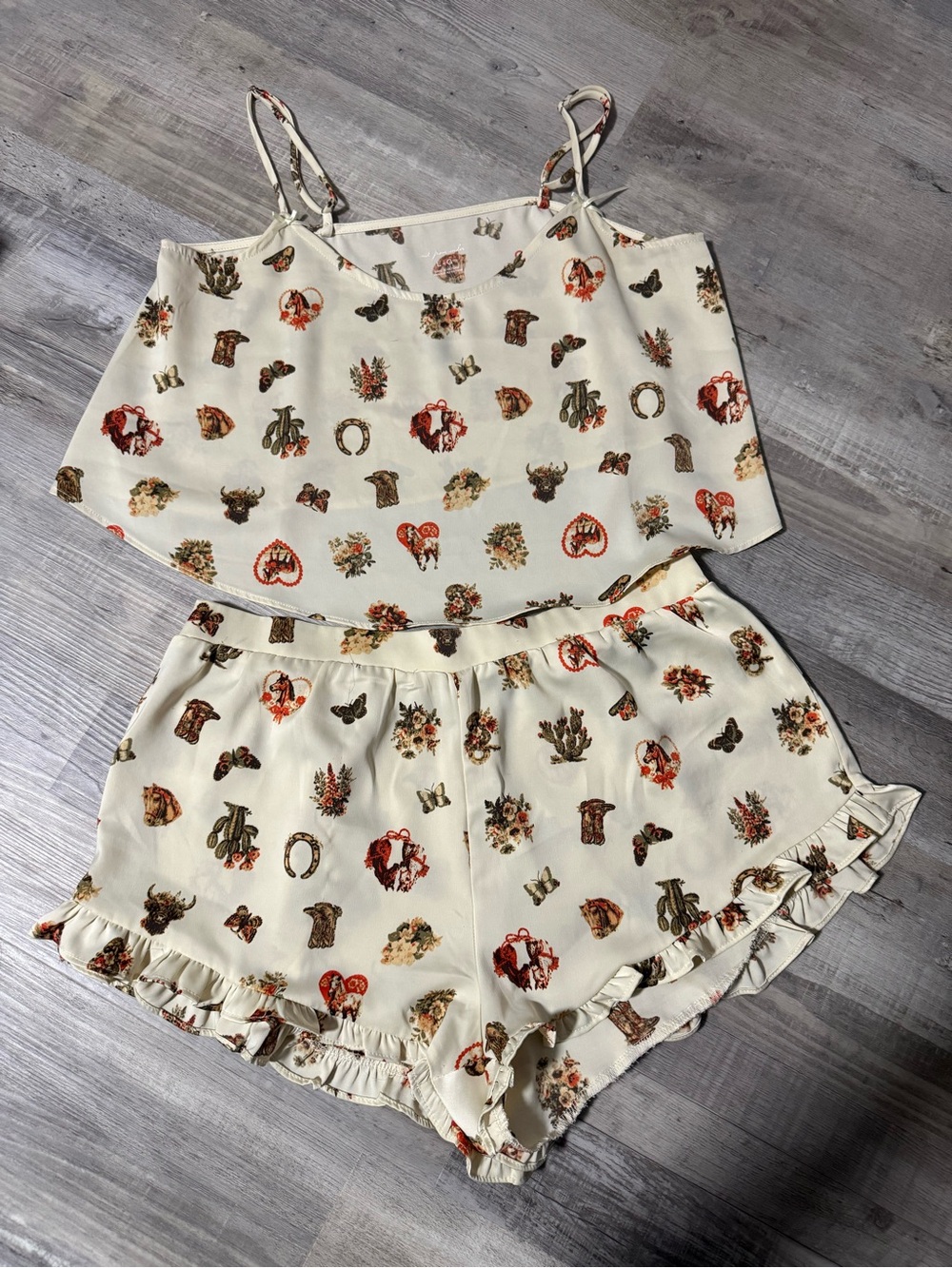 Urban Outfitters Cream Floral Western Print Two-Piece Pajama Set
